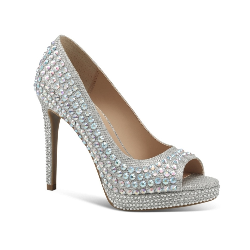 Thalia Sodi Silver 1" Platform Glitter Embellished Padded Landon Peep Toe